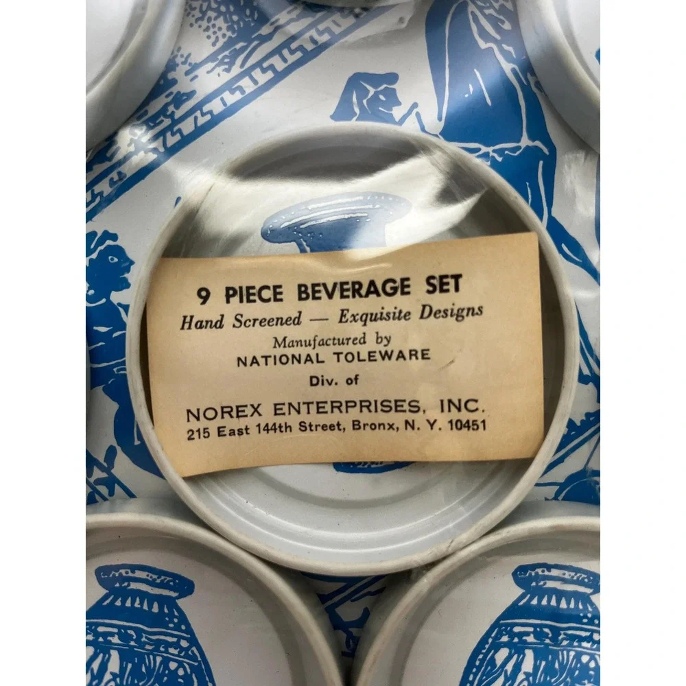 Vintage MCM National Toleware Set Blue & White Coaster and Serving Tray Set